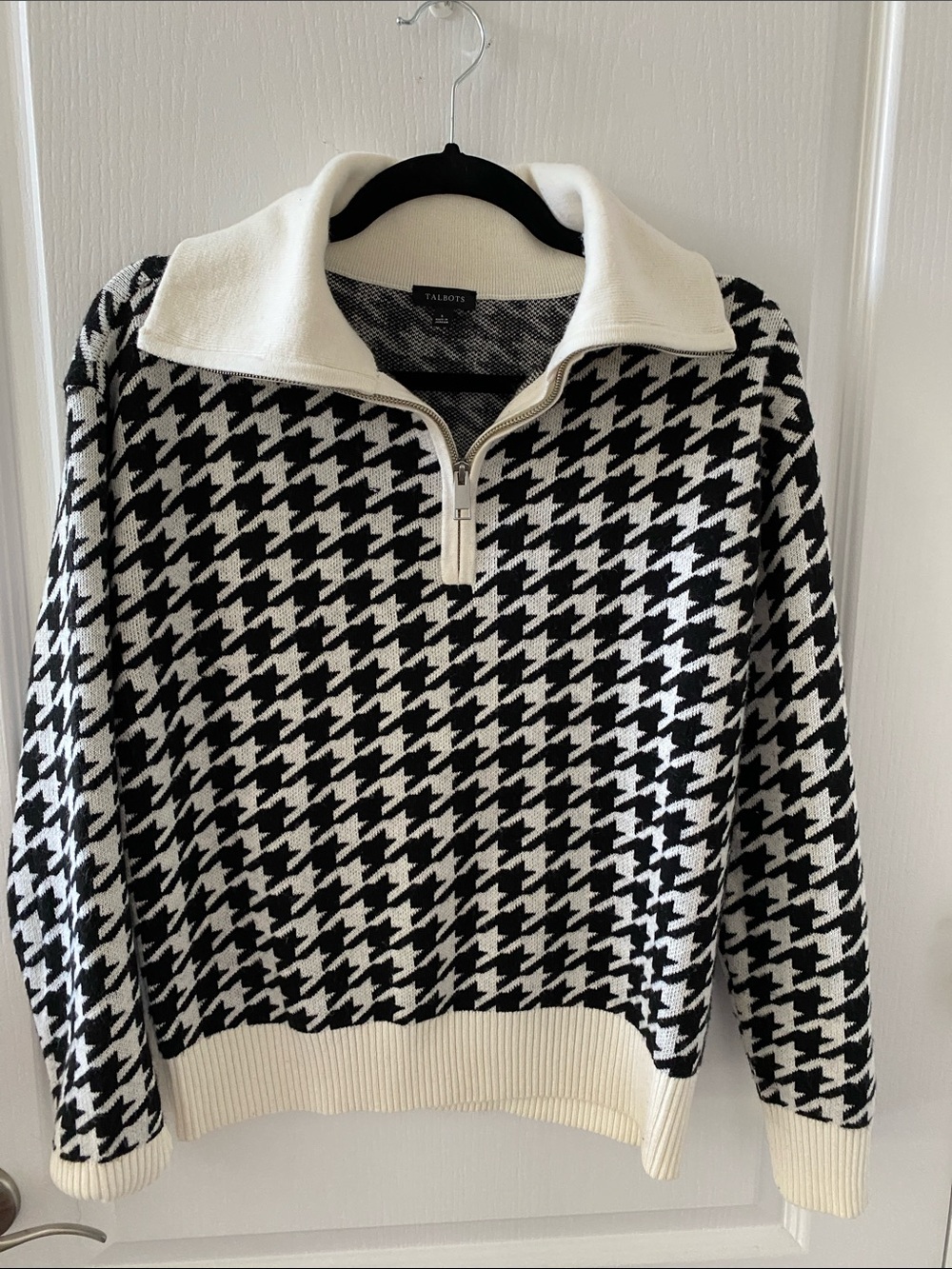 Talbots Black & White Houndstooth Half-Zip Sweater size S